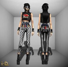 two women in black and white checkered pants standing next to each other with tattoos on their chestes