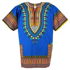 Unisex Traditional Dashiki Print Shirt. Perfect for just about any occasion 100% Cotton Made of a cotton blend Beautiful vibrant colours Short Sleeve Shirt. This is your traditional dashiki. It has a boat neckline, comfortable wide half-length sleeves an unconstructed bodice; Multi-colored traditional African patterns. Short-Sleeve Shirt, Tops or Blouse and can be worn as a dress Hand wash recommended if possible or machine wash in cold water. 100% Cotton Perfect for just about any occasion Wash Traditional Blue Cotton Kaftan, Blue Cotton Tunic Top, Blue Short Sleeve Tunic For Festival, Short Sleeve Printed Cotton Kaftan, Cotton Short Sleeve Tunic For Festivals, Bohemian Tops With Traditional Patterns For Summer, Blue Cotton V-neck Tunic, Blue Casual Short Sleeve Kaftan, Blue Short Sleeve Tops For Festivals