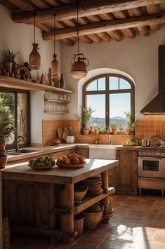 a kitchen filled with lots of counter space and wooden shelves next to an oven top