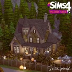 an animated image of a house with pumpkins on the front lawn and trees in the background