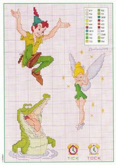 the cross stitch pattern for tinkerbell's fairy tale is shown in green and yellow