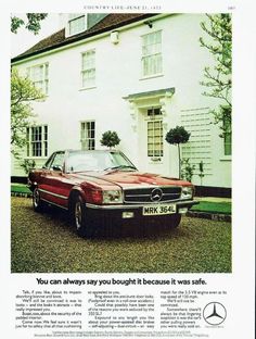 an advertisement for the mercedes benz coupe is shown in front of a white house with black trim