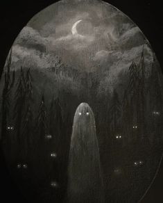 a black and white painting of a ghost in the woods at night with lights on