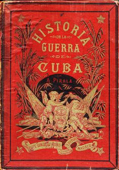 an old red book with gold trimmings and illustrations on the front cover, in spanish