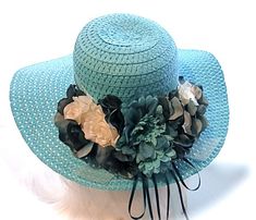 Kentucky Derby Hat Tea Party Womens Hat Sun Hats DH-122 Light Blue Summer Hats For Races, Light Blue Summer Hat For Races, Light Blue Brimmed Sun Hat For Spring, Light Blue Sun Hat For Beach Spring Season, Light Blue Sun Hat For Beach In Spring, Blue Wide Brim Straw Hat For Kentucky Derby, Blue Hats With Handmade Flowers For Royal Ascot, Blue Hats With Handmade Flowers For Kentucky Derby, Blue Sun Hat With Curved Brim For Kentucky Derby