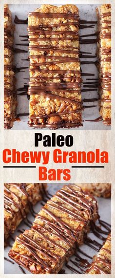 the recipe for paleo chewy granola bars with chocolate drizzled on top