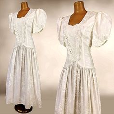 This Is An Iconic Vintage 1980's Victorian Revival Dress Made By "Scott Mcclintock". It Is Made Of A White Floral Pattern On Cream 100% Cotton Fabric. It Features A White Crochet Collar, Puff Sleeves Lined With Tulle That Makes Them Stay Up, Padded Shoulders, And A Drop Waist With A Full Sweep. It Is Stunning! A Wonderful Alternative Wedding Dress Look, Very Cottagecore. Labeled A Size 10- Vintage Sizing Does Not Equal Modern Sizing- Please Use The Measurements For An Accurate Fit - Meant To Fit Scott Mcclintock Dress, Alternative Wedding Dress, Cottage Dress, Alternative Wedding Dresses, Victorian Revival, Crochet Collar, Alternative Wedding, White Crochet, Drop Waist