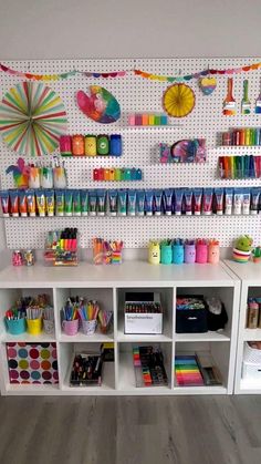 there are many craft supplies on the shelves in this room and it's organized