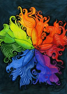 a painting of colorful feathers with swirls on black background, in the shape of a rainbow