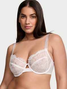 Beautiful floral lace adorns this glamorous design, featuring a 3-piece construction that provides extra support and coverage for larger cup sizes. A playful cutout at center front and double shine straps perfect the look. The Fabulous Bra: an unlined style available in extended sizes. Available in 26 sizes: 34D-DDD, 34G, 36-42C-DDD, 36-42G, 44C-D Lift & Lining Unlined Underwire Supportive 3-part cup design Straps & Hooks Adjustable straps Back hook-and-eye closure Details & Fabric Double rhinestone shine straps Partially made from recycled materials Hand wash Imported Best Bra, Full Cup Bra, Cup Sizes, Full Coverage Bra, Womens Bras, Victoria Secret Bras, Cup Design, Bra Women, Signature Logo