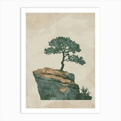 a tree sitting on top of a rock next to a cliff with trees growing out of it