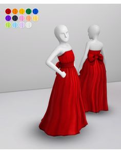 two mannequins dressed in red dresses standing next to each other on a white surface