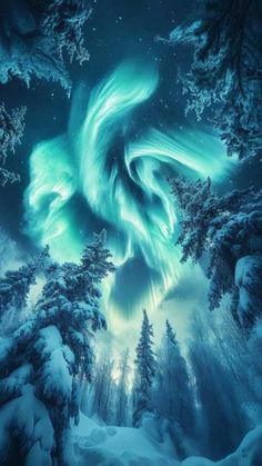 an aurora bore is shown in the sky above some snow covered trees and evergreens