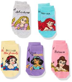 PRICES MAY VARY. DISNEY SOCKS FOR GIRLS: These adorable Disney Princess socks are officially licensed merchandise, and they will be the perfect addition to any outfit. Detailed graphic character socks for girls that fit sock sizes 5-6.5 and shoe sizes 4-7.5 CHARACTER SOCKS: Rock your favorite Disney characters under school clothes or with an awesome weekend look. With 5 Princess themed shorty style pairs in a pack, you'll have lots of options to love. COMFORTABLE MATERIAL: These socks are made f Every Disney Princess, Princess Socks, Disney Princess Gifts, Disney Socks, All The Princesses, Disney Princess Characters, New Disney Princesses, Princess Gifts, Girls Disney