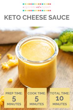 the keto cheese sauce is in a small glass jar with five minutes remaining to make it