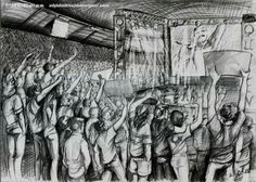 a black and white drawing of people in a crowd with their hands up to the ceiling