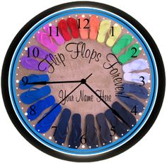 a clock with colorful flip flops painted on it's face and numbers in the middle