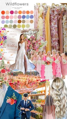 a collage of different colors and styles of wedding gowns, flowers, and hair