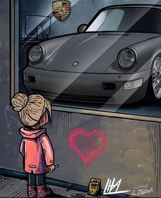 a drawing of a woman looking at a car in a garage with graffiti on the wall