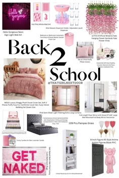 the back 2 school flyer is shown with pink and white decor, including bedding, pillows