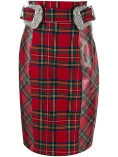 Red wool blend Tartan pencil skirt from Philipp Plein featuring a high rise, a belted waist, a silver-tone buckle, a fabric mix, a knee length and a back slit at hem. Strapless Denim Dress, Tartan Fashion, Peplum Styles, Pencil Skirts, Red Wool, Philipp Plein, Mixing Fabrics, High End Fashion, Holiday Fashion