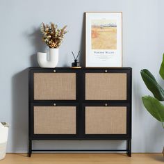 a black and beige cabinet next to a potted plant on top of a wooden floor