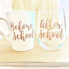 two coffee mugs with the words before after school painted on them sitting next to each other