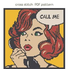 a cross stitch pattern with a woman talking on the phone and saying, call me