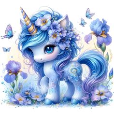 a blue pony with flowers and butterflies on its head