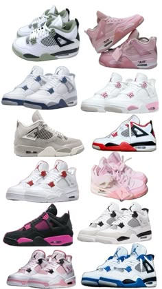 many different types of sneakers are shown together