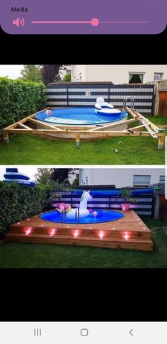 an above ground swimming pool with lights on the bottom and below it is a wooden deck