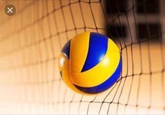 a yellow and blue volleyball is in the net