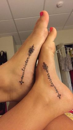 two people with tattoos on their legs and one has the words, love is forever