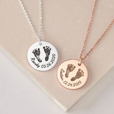 "♥ Actual Baby Footprint Necklace ♥ An original and truly unique necklace to keep your newborn prints memories on a beautiful piece piece. The back can be engraved with a special message or phrase. P R O D U C T ∙ I N F O * Material: Solid 925 Sterling Silver * Finishing: Silver - Gold - Rose Gold * Dimensions: Diameter of disc pendant is 3/4 inch (19.5mm) * Character limits: 2-3 words * Necklace length: You can choose up to 24 inches (excludes pendant's length) * By default, silver items comes Newborn Prints, Footprint Necklace, New Mom Jewelry, Push Gifts, Mom Necklace Personalized, Baby Footprint, Word Necklace, Stamped Necklaces, Baby Necklace