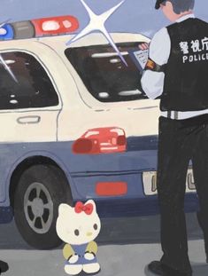 a police officer standing in front of a car with a hello kitty doll next to it