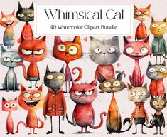 watercolor clipart set of cats in different colors and sizes with text that reads whimsical cat 40 watercolor clipart bundle