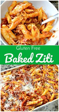 baked ziti with meat and cheese in a casserole dish on the side