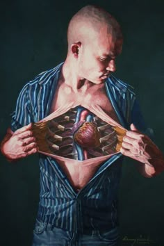 a painting of a man holding his chest open with the muscles visible in front of him