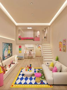 a living room filled with white furniture and lots of colorful accessories on the floor in front of a staircase