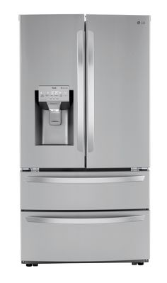 a stainless steel refrigerator freezer with water dispenser and ice maker on the door