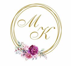 the letter k is surrounded by pink flowers and greenery in a gold circle on a white background