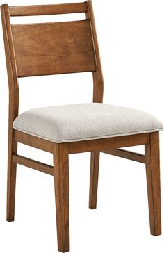 a wooden chair with a white seat cushion