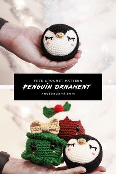 crochet penguin ornament in the palm of someone's hand with text overlay that says free crochet pattern