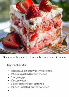 a close up of a piece of cake on a plate with strawberries in it