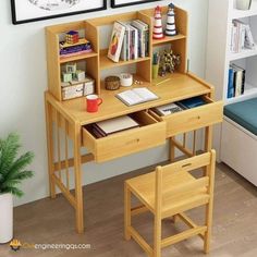 a wooden desk with two bookshelves on top of it