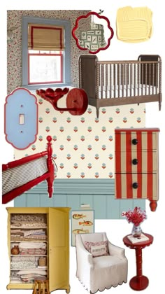 an assortment of furniture and wallpapers in a child's room, including a crib