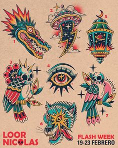 an old school tattoo flash sheet with different designs and colors on the back of it