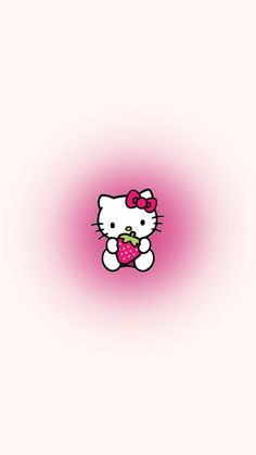 the hello kitty wallpaper is pink and has a strawberry in its mouth on it