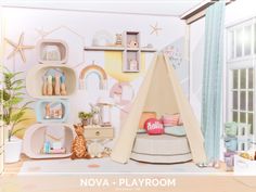 a child's playroom with shelves and toys on the wall, including a teepee tent