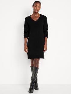 v-neck long sleeves rib-knit trim relaxed cocoon fit hits at thigh models are approx.  5'9" and wear sizes s (4), l (12), and xl (18)machine wash according to the care instruction label  . Best Holiday gift for Women , perfect Dresses for Christmas! Sweater Dress With Cowboy Boots, Black Sweater Dress With Boots, Black Dress With Boots, Black Dresses With Boots, Knit Dress Outfit, Knitted Dress Outfit, Sweater Tunic Dress, Dresses With Cowboy Boots, Navy Sweater Dress